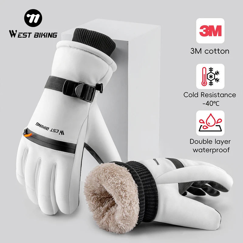 WEST BIKING Winter Ski Motorcycle Gloves Thermal Fleece 3m Snowboard Waterproof Gloves Anti-Slip Touch Screen Biker Warm Gloves