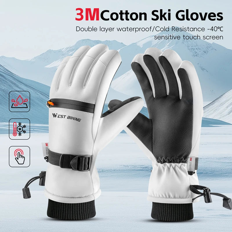 WEST BIKING Winter Ski Motorcycle Gloves Thermal Fleece 3m Snowboard Waterproof Gloves Anti-Slip Touch Screen Biker Warm Gloves