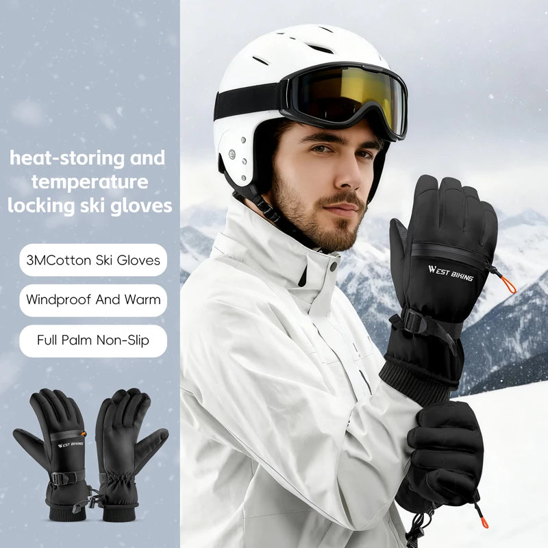 WEST BIKING Winter Ski Motorcycle Gloves Thermal Fleece 3m Snowboard Waterproof Gloves Anti-Slip Touch Screen Biker Warm Gloves
